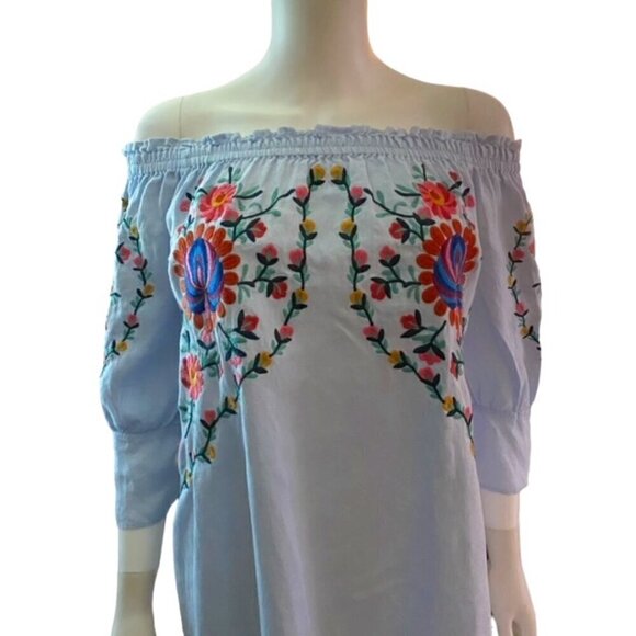 Zara Light Blue Linen Floral Embroidered Dress Small - Picture 3 of 7